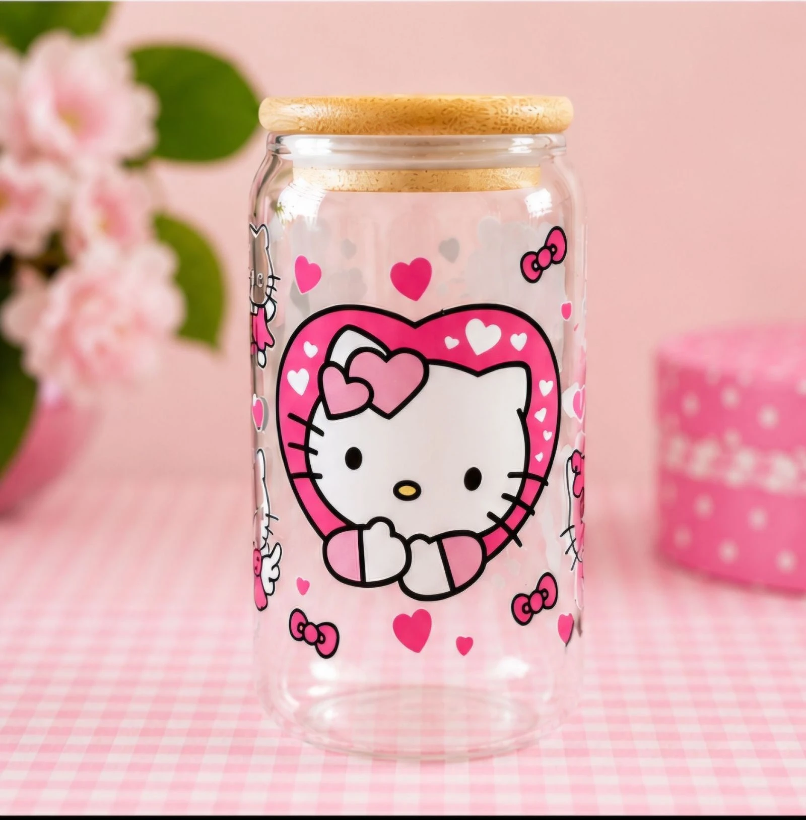 Verre canette avec paille en verre, couvercle en bambou et goupillon